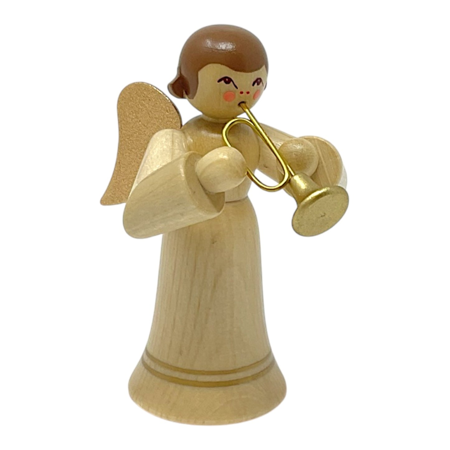 Pinnacle Peak Trading Natural Angel with Gold Wings Playing the Trumpet German Wood Figurine 2.25 inch