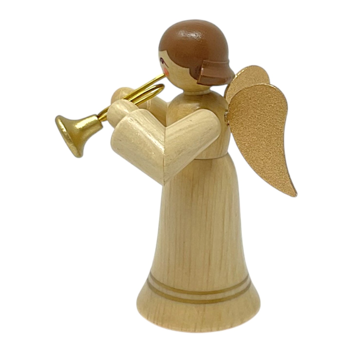 Pinnacle Peak Trading Natural Angel with Gold Wings Playing the Trumpet German Wood Figurine 2.25 inch