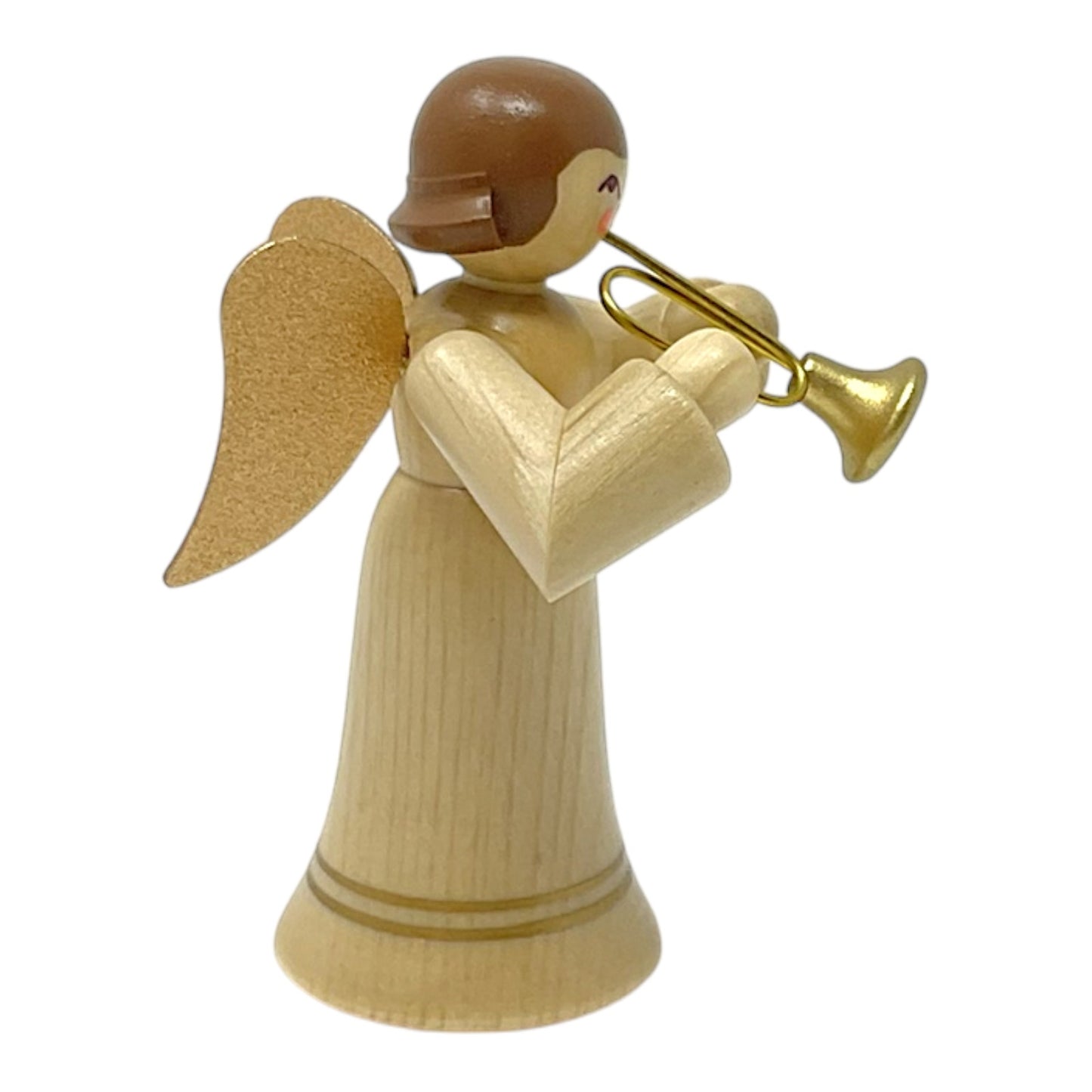 Pinnacle Peak Trading Natural Angel with Gold Wings Playing the Trumpet German Wood Figurine 2.25 inch