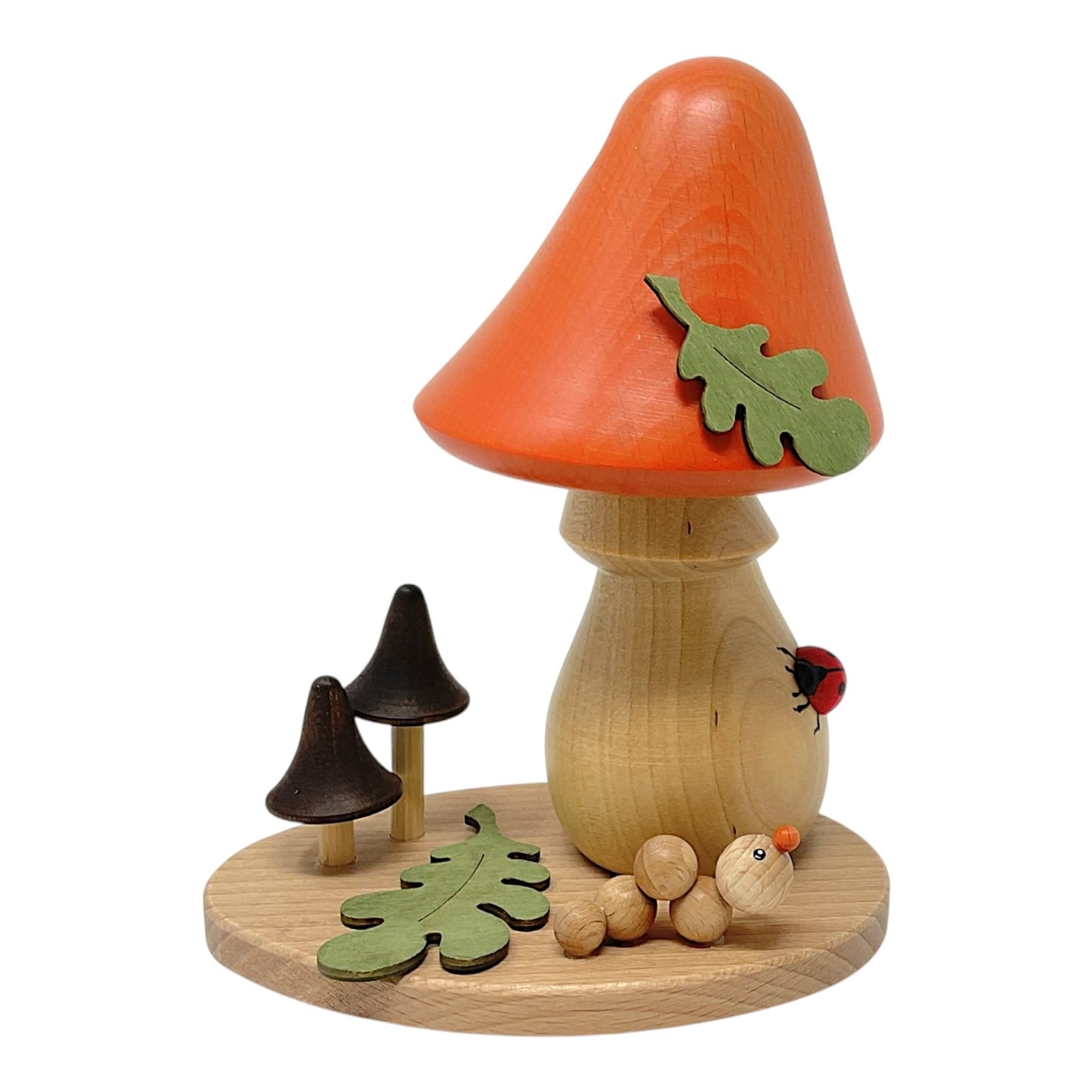 Pinnacle Peak Trading Orange Mushroom with Ladybug and Caterpillar German Wood Incense Smoker 5.75 inch