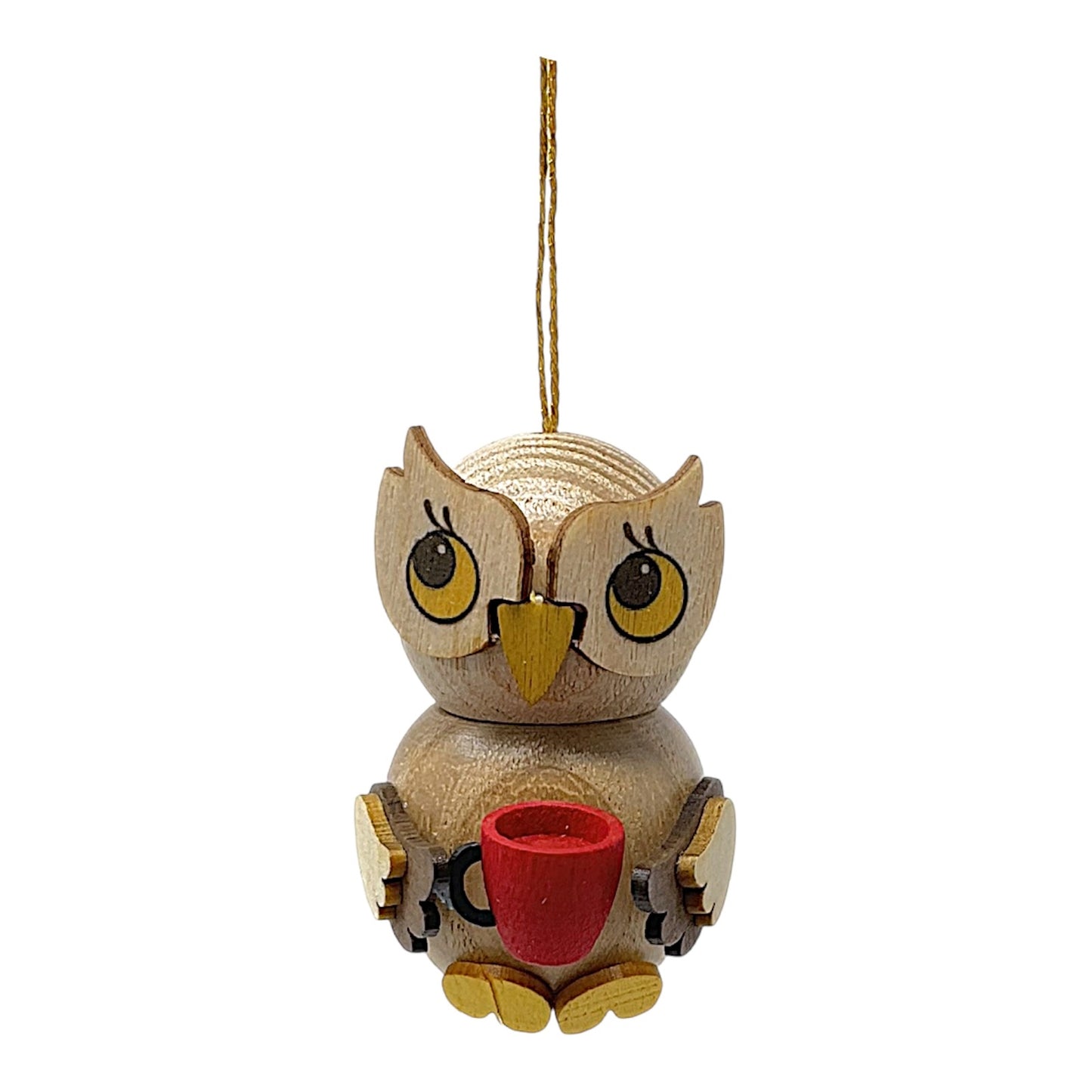 Pinnacle Peak Trading Natural Owl with Coffee Cup German Wood Christmas Tree Ornament 1.5 inch