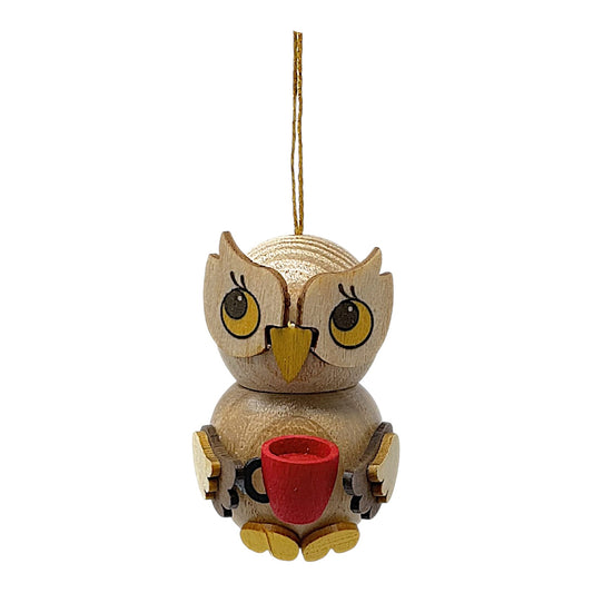 Pinnacle Peak Trading Natural Owl with Coffee Cup German Wood Christmas Tree Ornament 1.5 inch