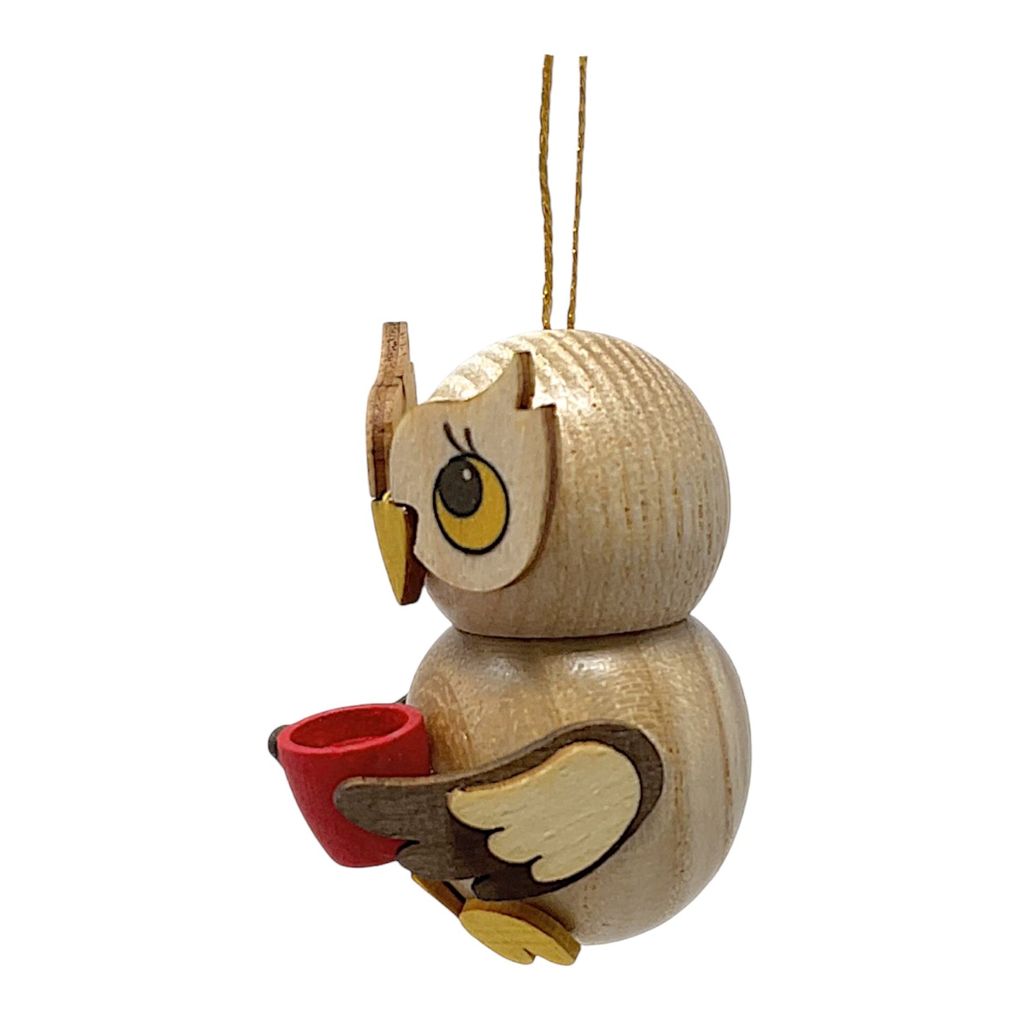 Pinnacle Peak Trading Natural Owl with Coffee Cup German Wood Christmas Tree Ornament 1.5 inch