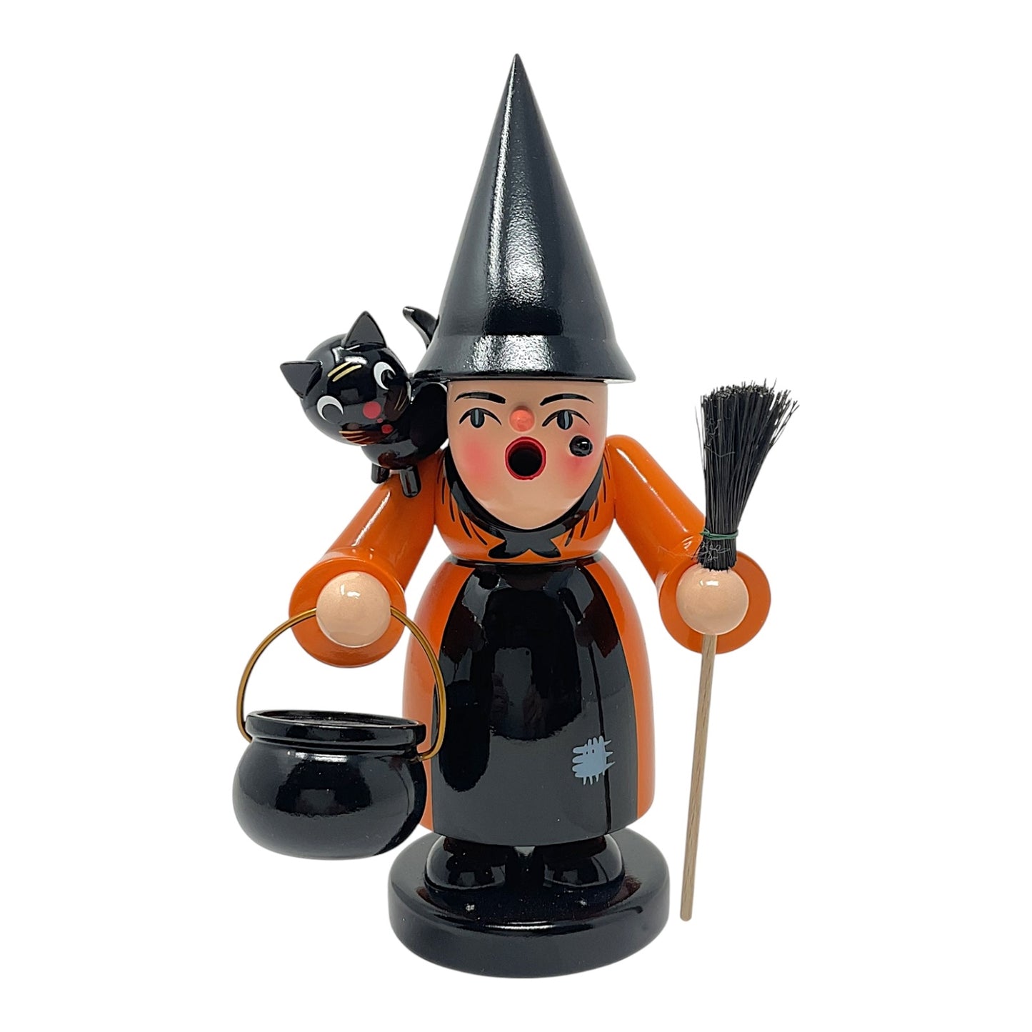 Pinnacle Peak Trading Witch with Black Cat Cauldron and Broom Halloween German Incense Smoker 8 inch