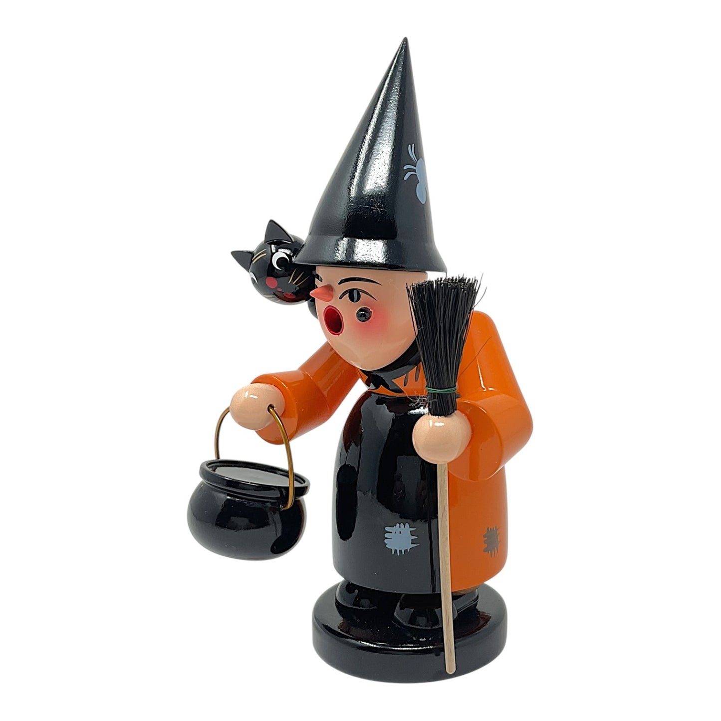 Pinnacle Peak Trading Witch with Black Cat Cauldron and Broom Halloween German Incense Smoker 8 inch
