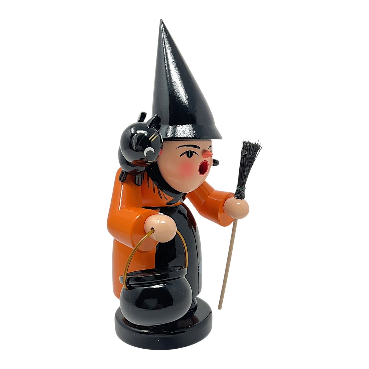 Pinnacle Peak Trading Witch with Black Cat Cauldron and Broom Halloween German Incense Smoker 8 inch